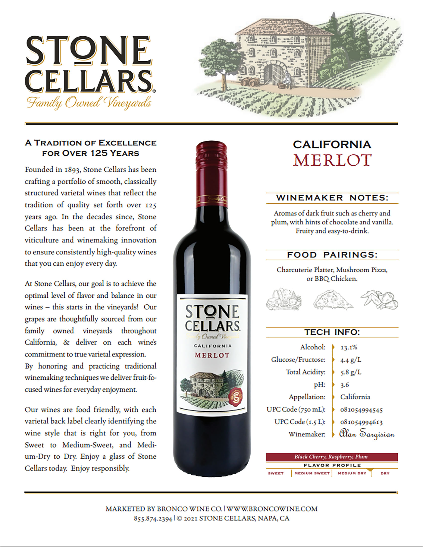 Stone Cellars Merlot wine tech sheet sample