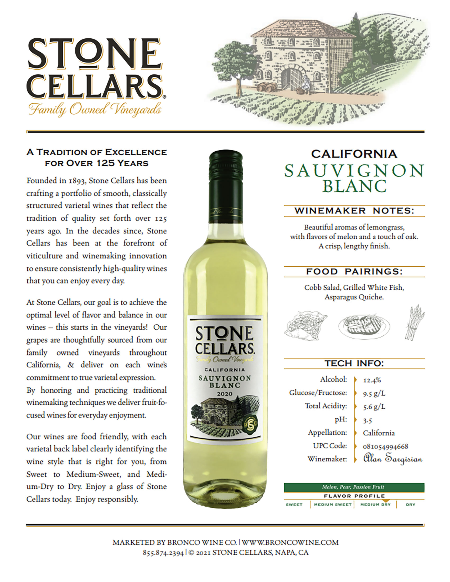 Stone Cellars Sauvignon Blanc wine tech sheet sample