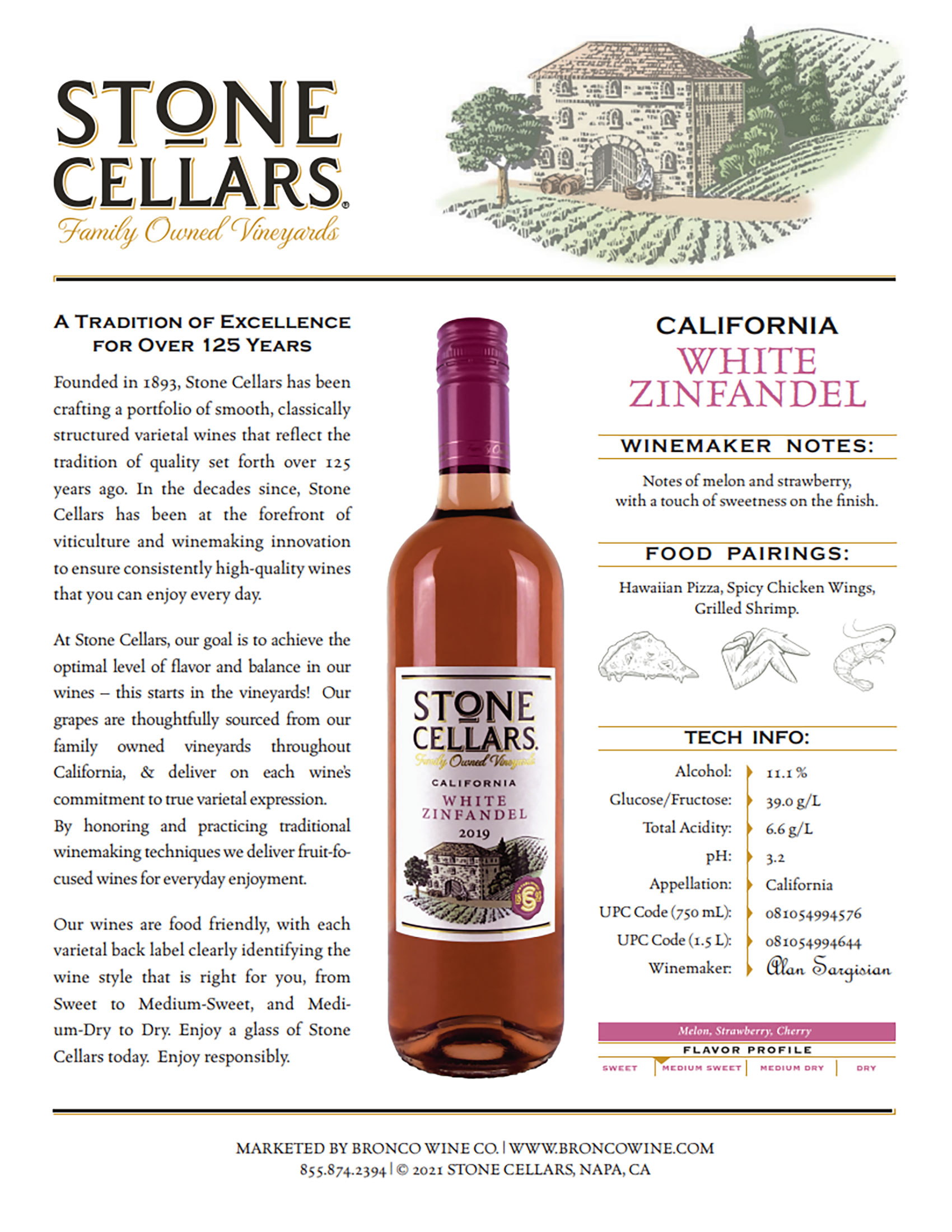 Stone Cellars White Zinfandel wine tech sheet sample
