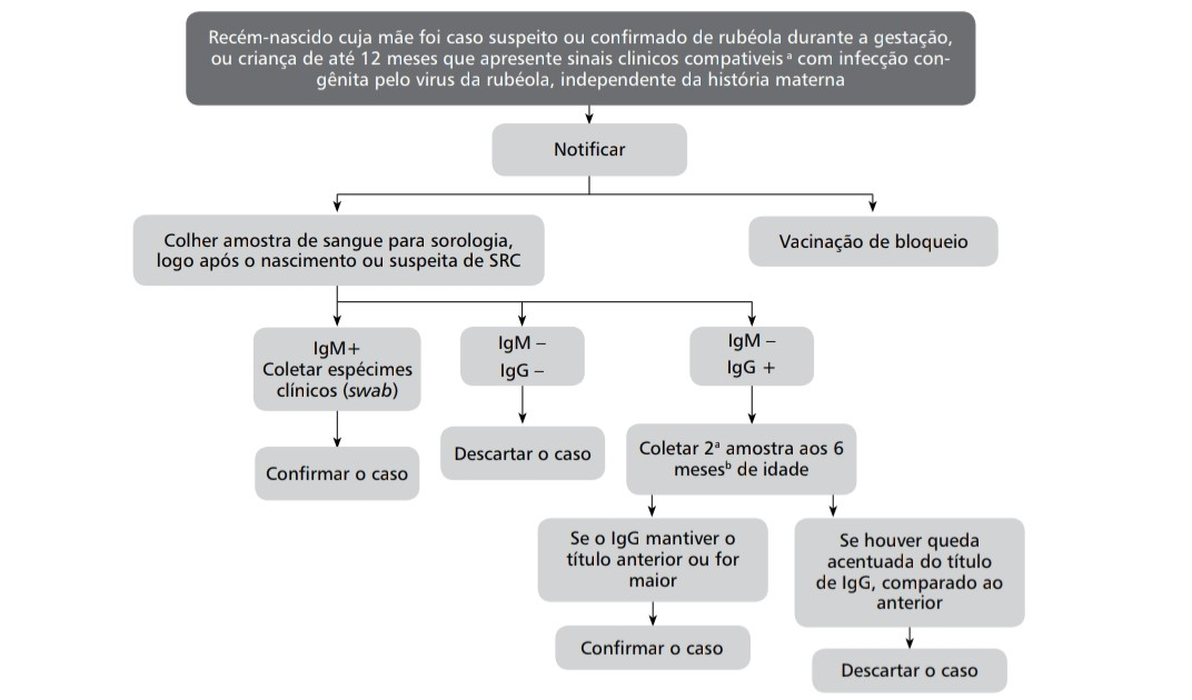 Fluxograma para diagnóstico da SRC. A vacinação de bloqueio é a imunização de toda a comunidade contra a rubéola, para impedir a disseminação do vírus. Fonte: Guia de Vigilância em Saúde, Ministério da Saúde, 2019.