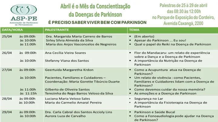 Pré-programação do mês de Conscientização da Doença de Parkinson na ASP-PE neste ano. Fonte: Reprodução/ASP-PE