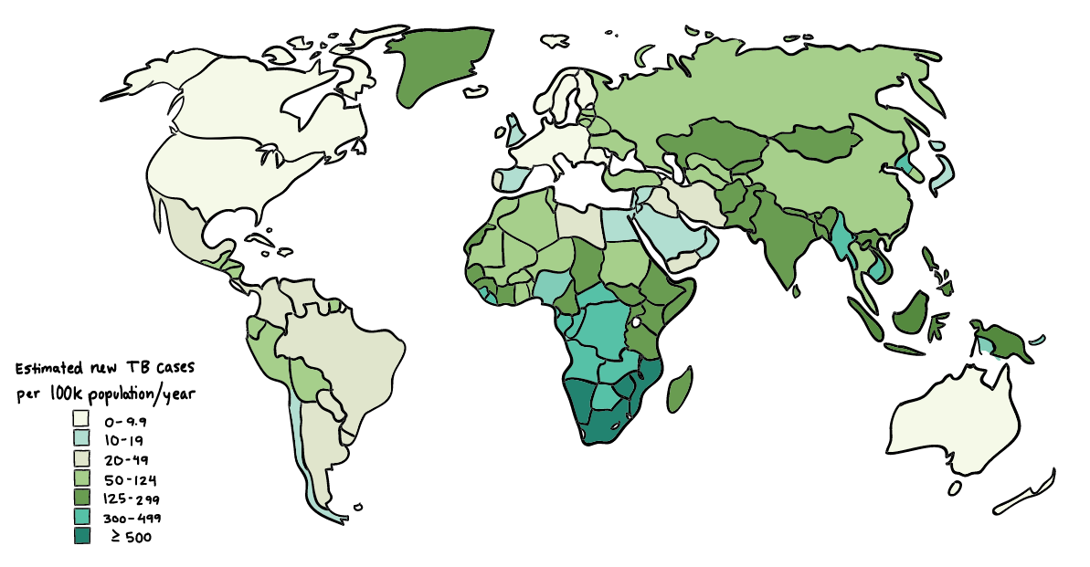 Distribuição da tuberculose no mundo. Fonte: https://pt.khanacademy.org/science/health-and-medicine/infectious-diseases/tuberculosis/a/what-is-tuberculosis