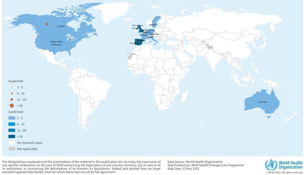 Casos de varíola dos macacos em países não endêmicos. Fonte: OMS https://www.who.int/emergencies/disease-outbreak-news/item/2022-DON385