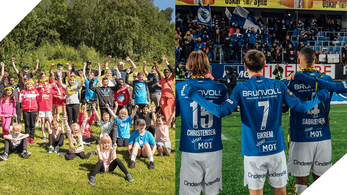 Split image of ceebrating kids from JoinUs and celebrating players from Molde FK