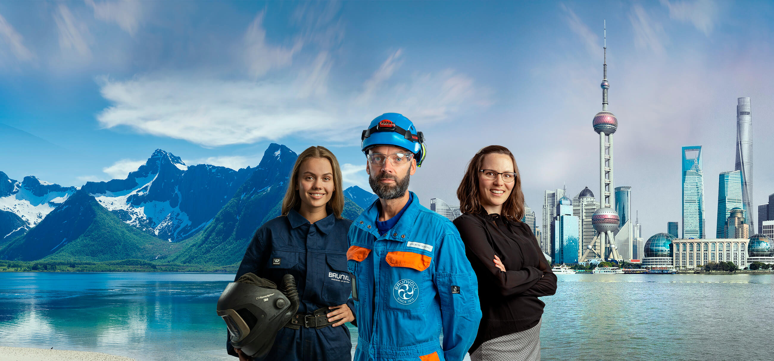 Three Brunvoll employees in front of a futuristic city and beautiful mountains