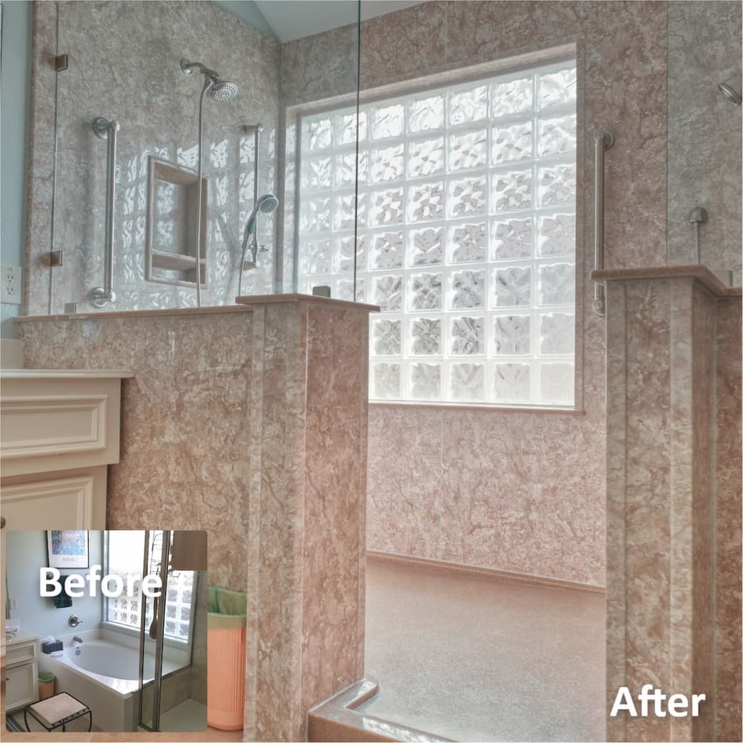 Before and after of a walk in shower using BCI Acrylic Walls EZ Bath