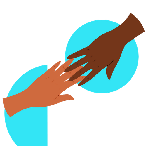Two people's hands interlacing fingers over blue shapes