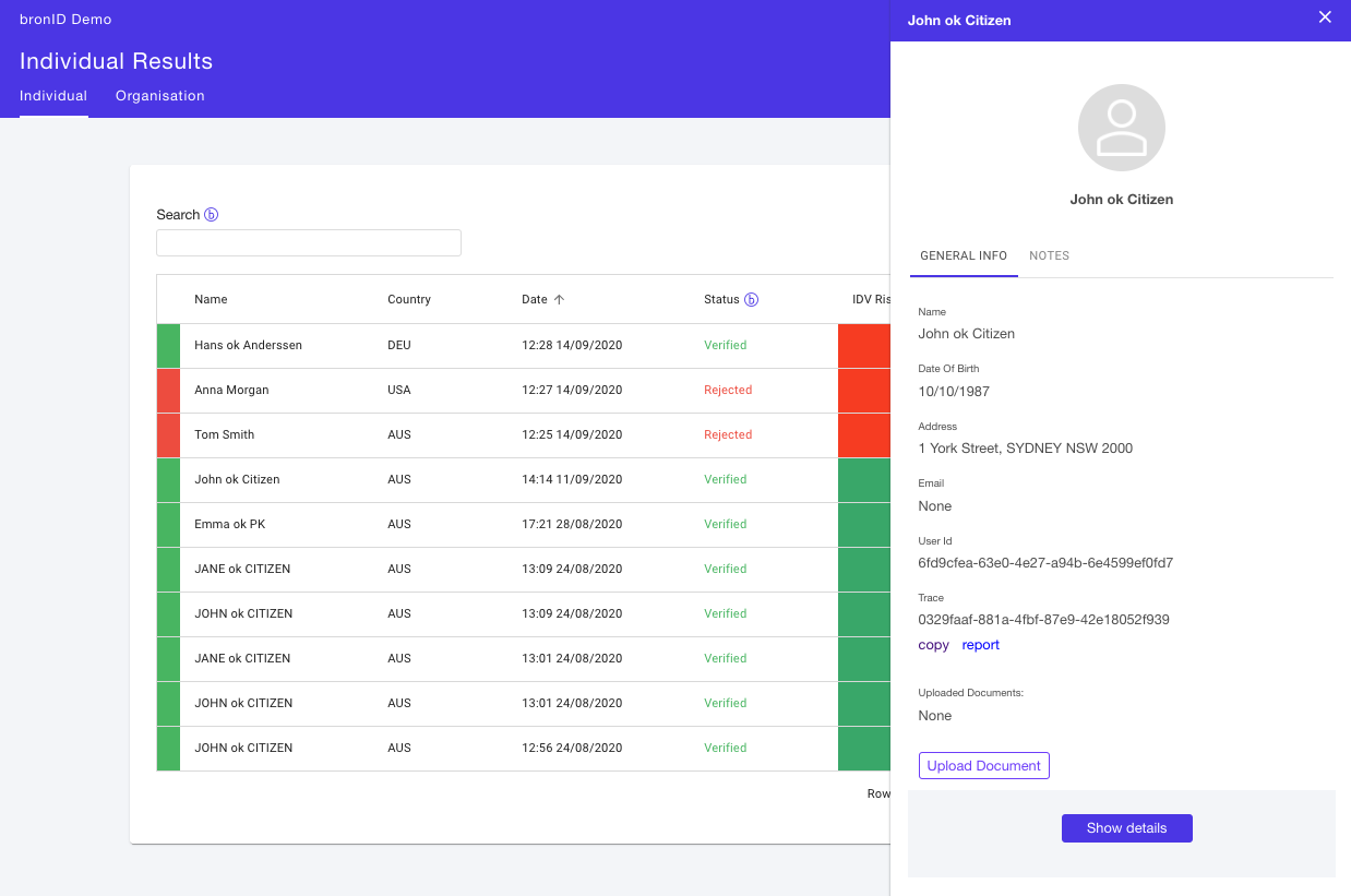 KYC Results with bronID - view details