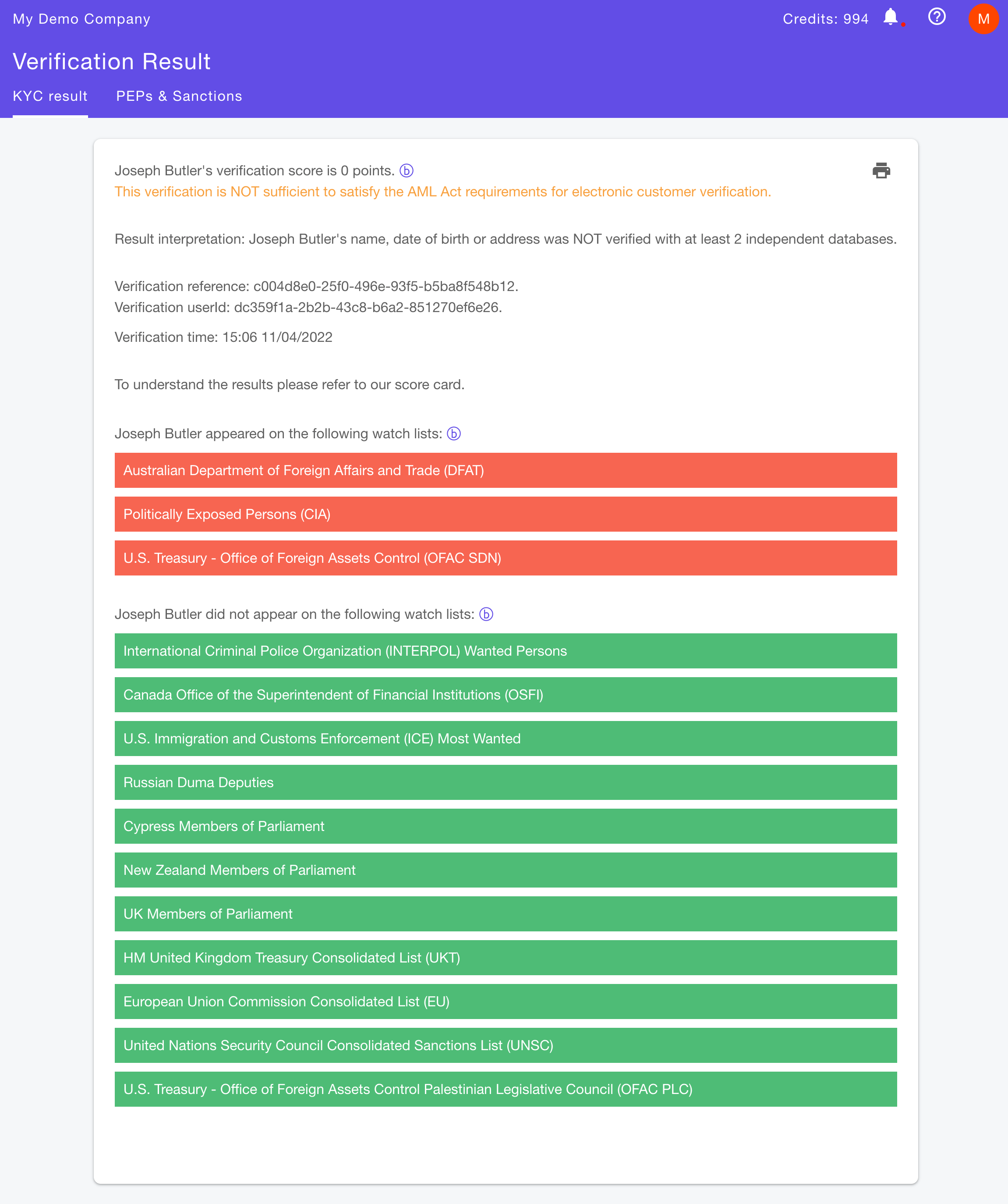 KYC Result - Rejected
