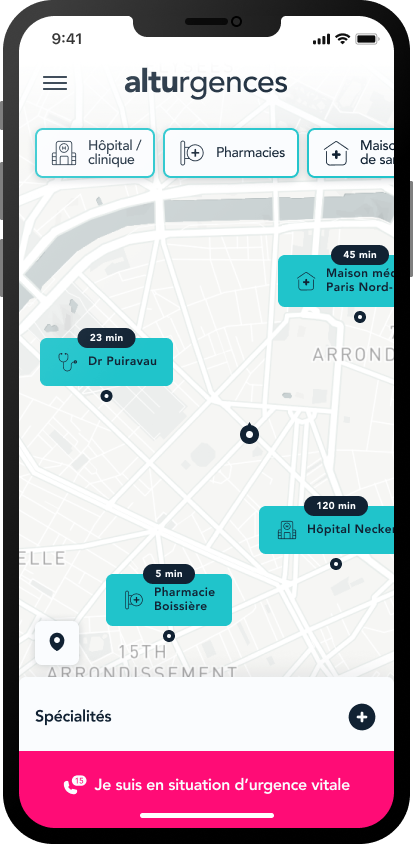 Smartphone avec l'application alturgences ouverte