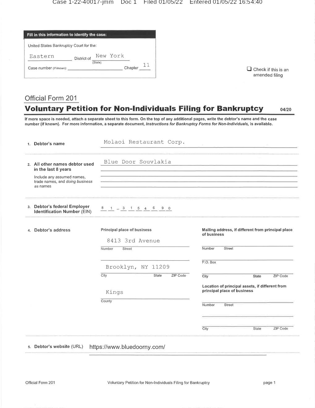 Molaoi Restaurant Corp. Free Bankruptcy Petition Chapter 11 Filing