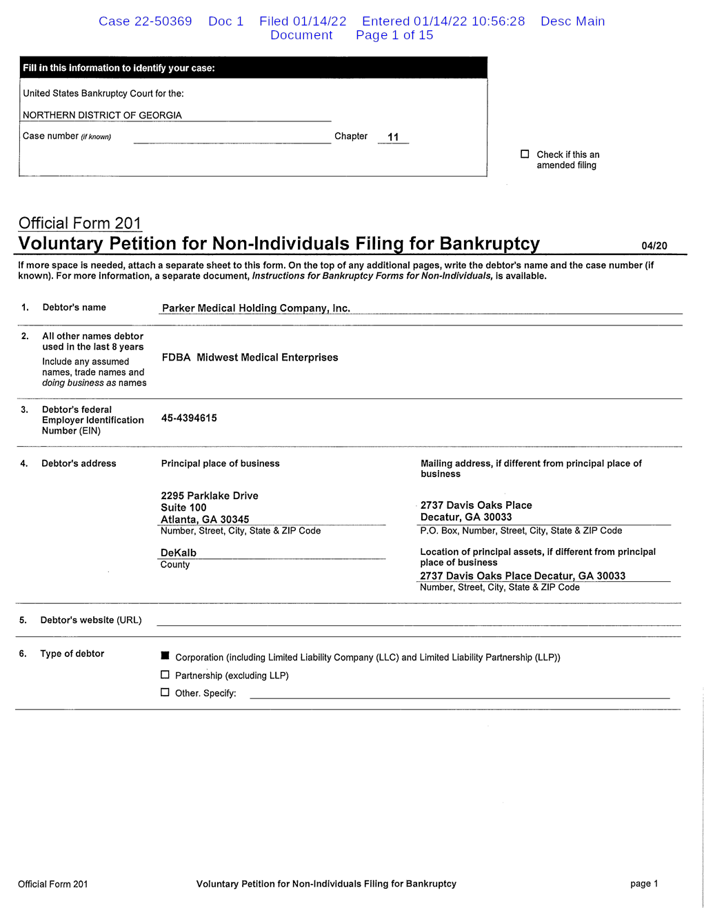 Parker Medical Holding Company, Inc. Free Bankruptcy Petition