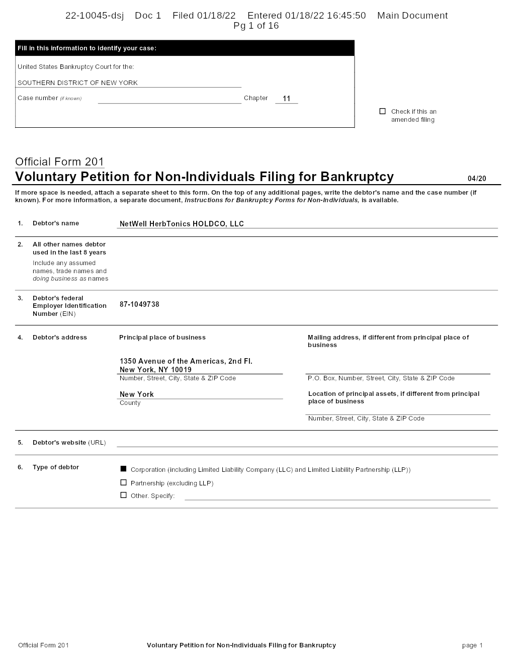 NetWell HerbTonics HOLDCO, LLC Free Bankruptcy Petition Chapter 11