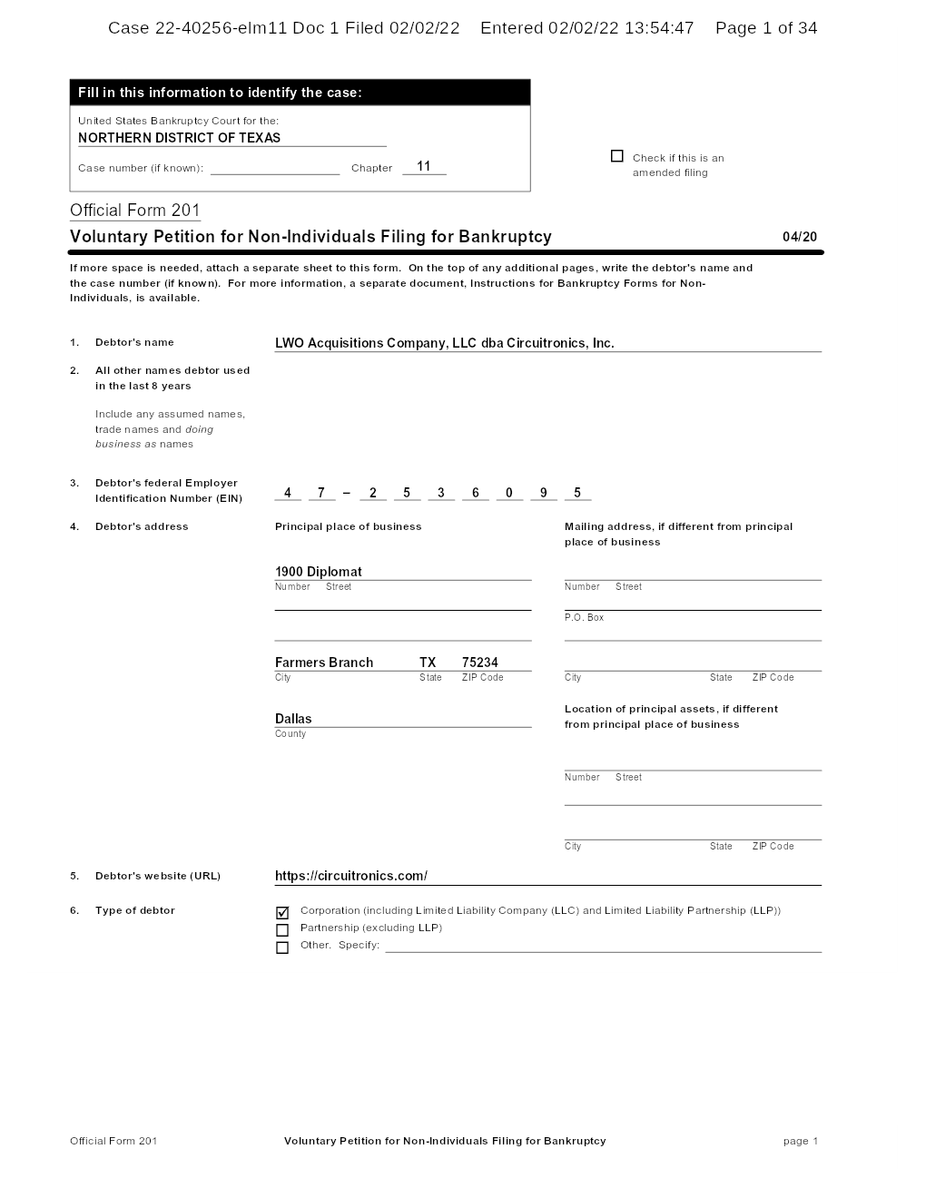 LWO Acquisitions Company, LLC dba Circuitronics, I Free Bankruptcy