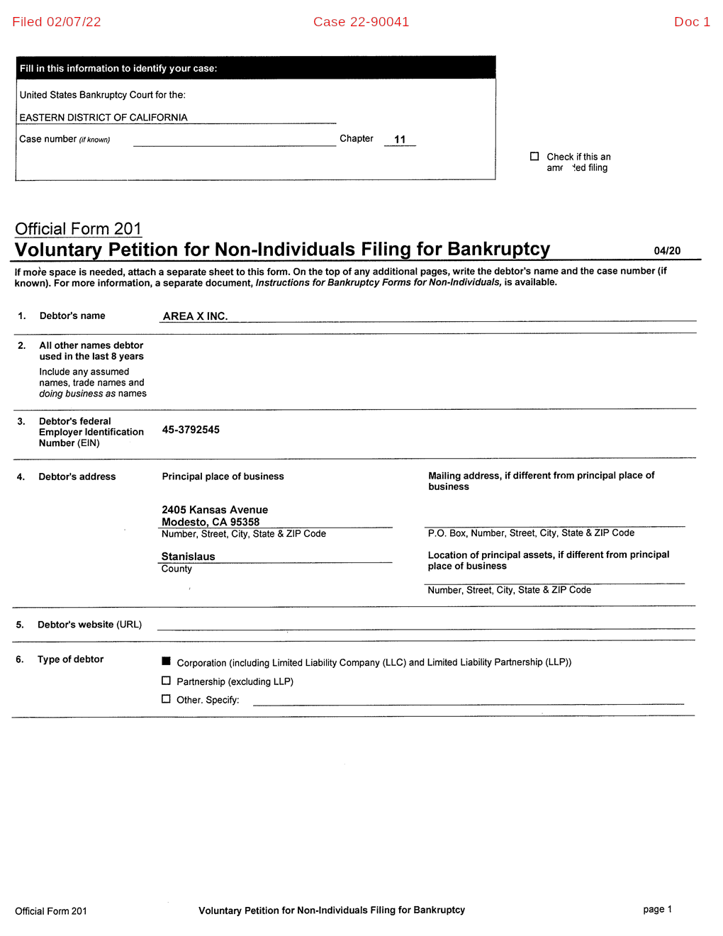 AREA X INC. Free Bankruptcy Petition Chapter 11 Filing Eastern District of California