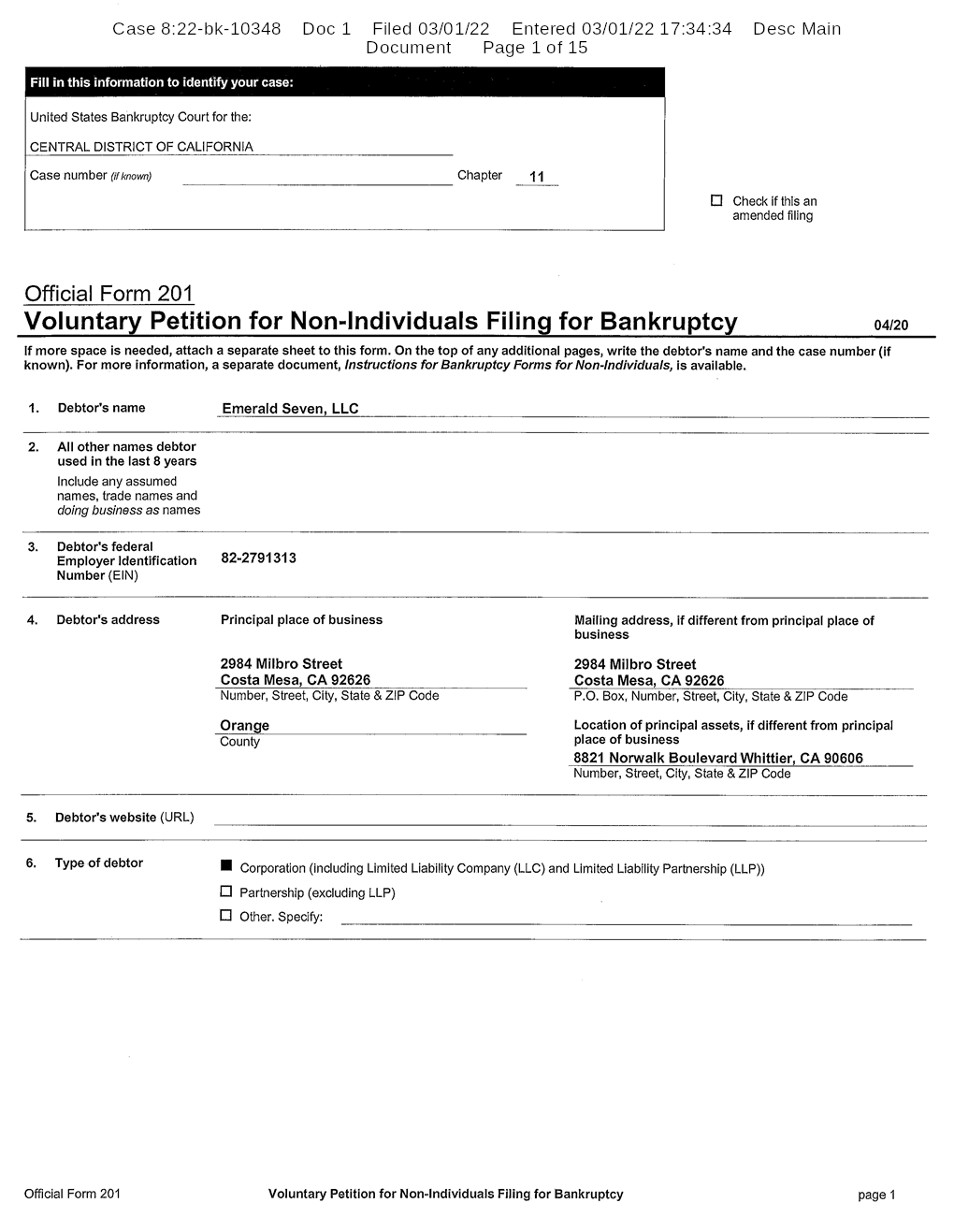 Emerald Seven LLC Free Bankruptcy Petition Chapter 11 Filing Emerald Seven LLC Free Bankruptcy Petition Chapter 11 Filing