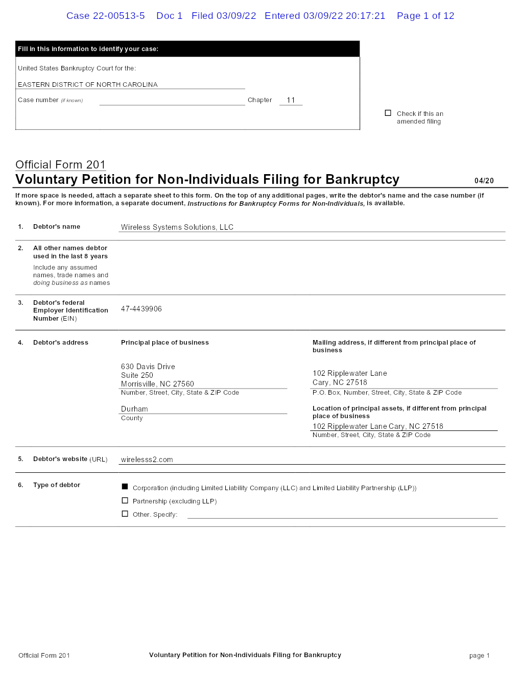 Wireless Systems Solutions, LLC Free Bankruptcy Petition Chapter 11