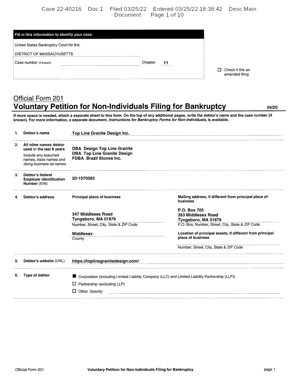 Top Line Granite Design Inc. Free Bankruptcy Petition Chapter 11