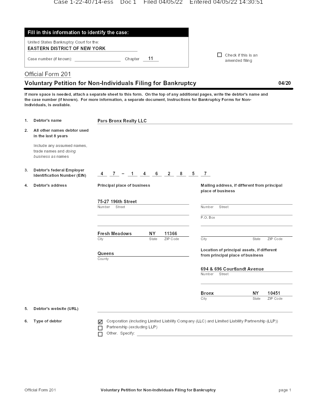 Pars Bronx Realty LLC Free Bankruptcy Petition Chapter 11 Filing