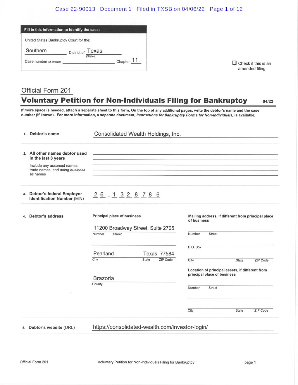 Consolidated Wealth Holdings, Inc. Free Bankruptcy Petition Chapter