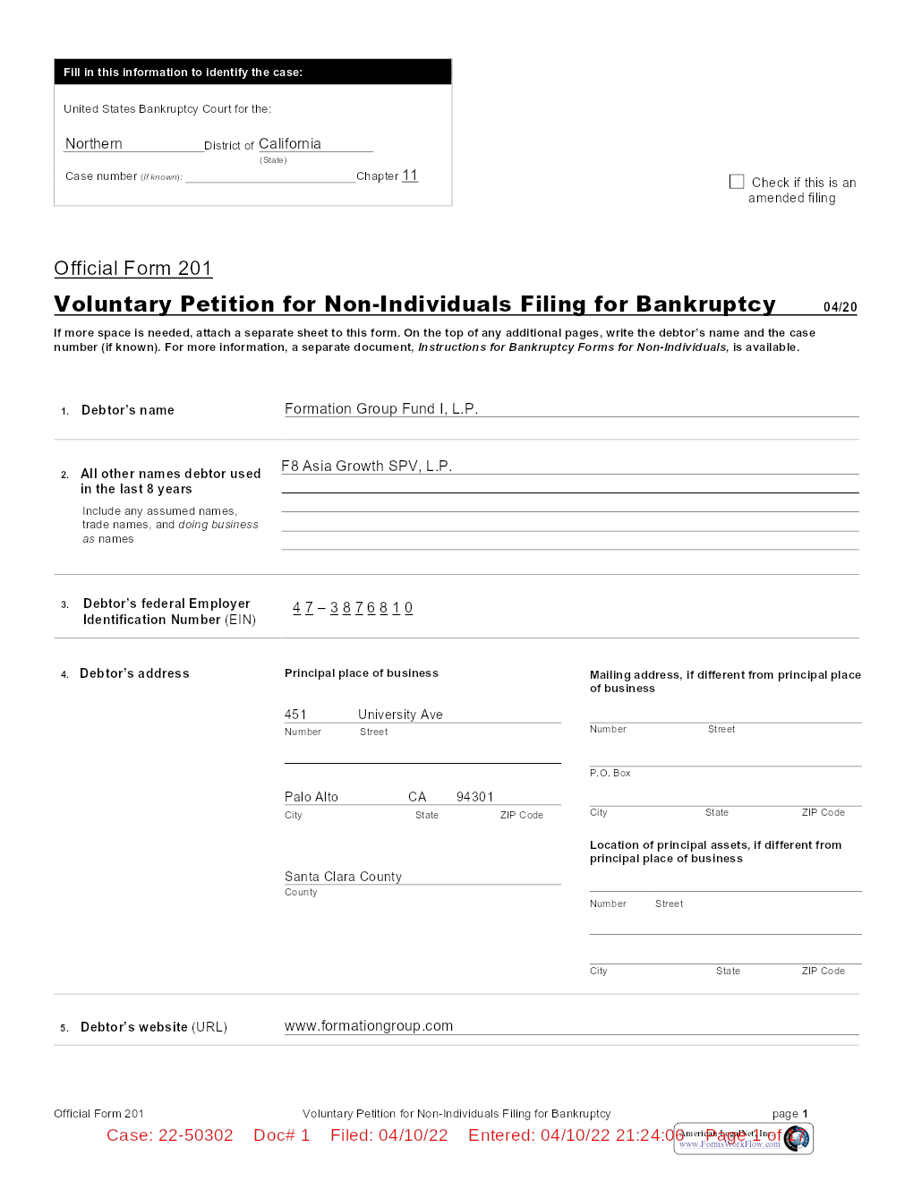 Formation Group Fund I, L.P. Free Bankruptcy Petition Chapter 11