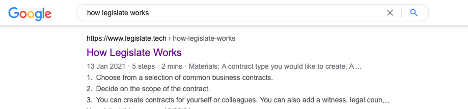 A screen shot of the Rich Results of How Legislate works in Google search