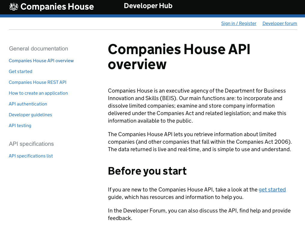 A screenshot of the Companies House API