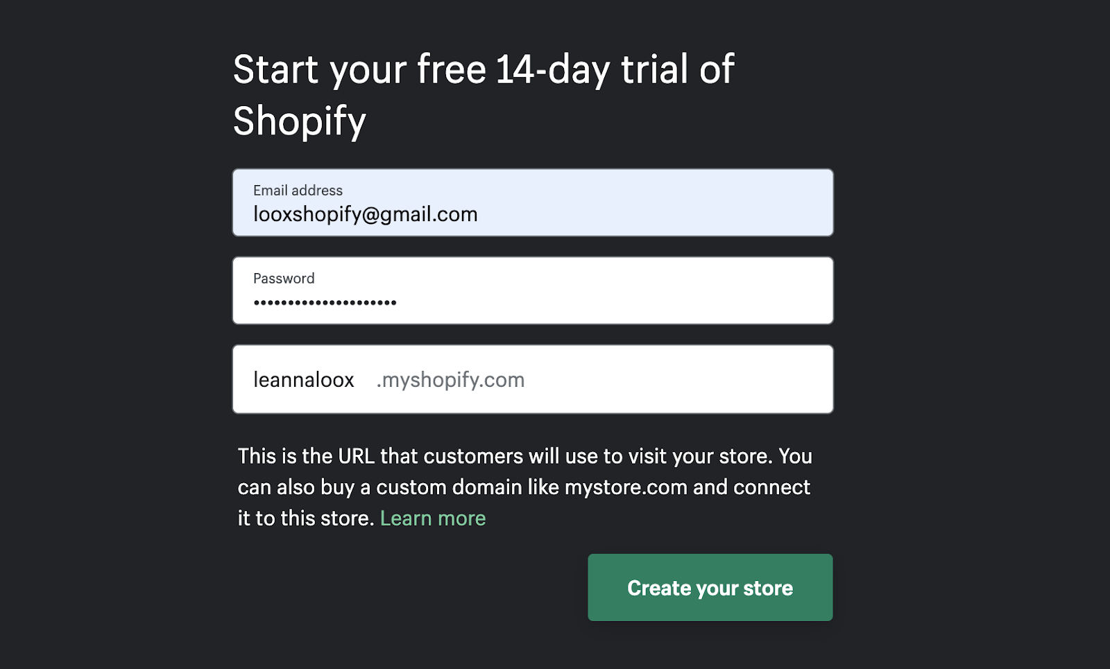 Shopify's free trial signup form