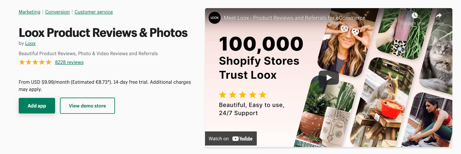 The Shopify app store listing of the photo review and referrals app Loox