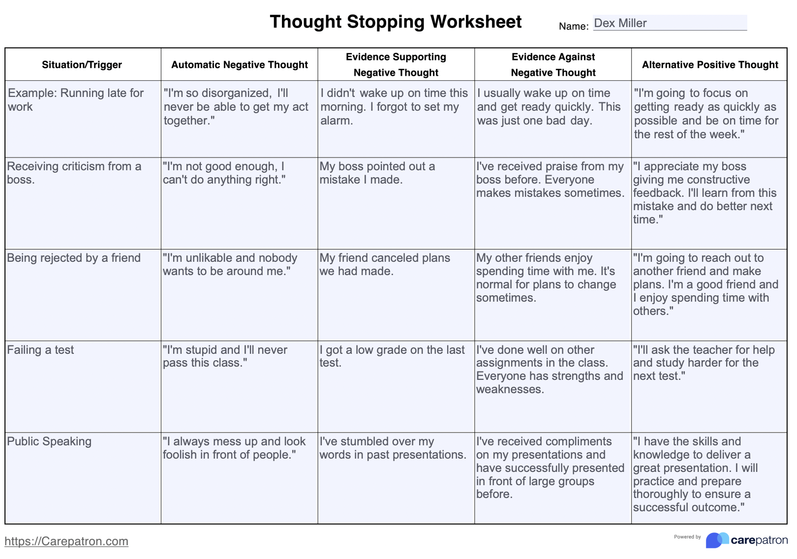 Thought Stopping Worksheets & Example | Free PDF Download