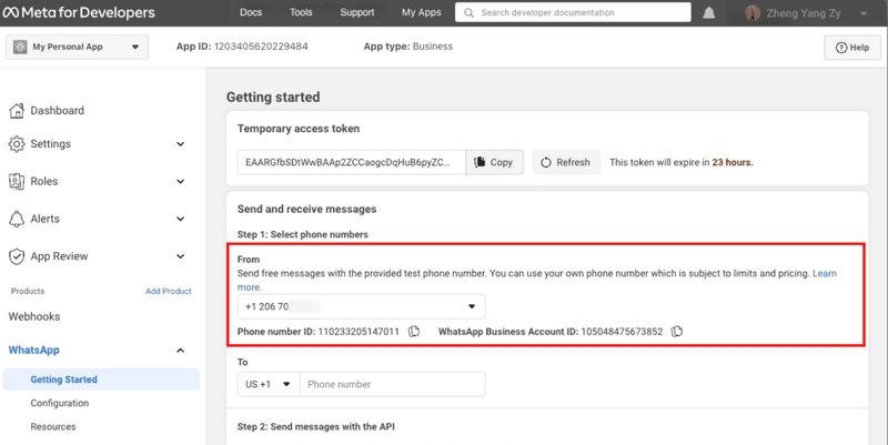 The number you’ve added will be shown in the Send and receive messages section. You have connected your phone number with your WhatsApp Cloud API account! Now that you've set up WhatsApp Cloud API on your Facebook Developer Account, you need to connect it to a messaging inbox like respond  to start sending and receiving messages.