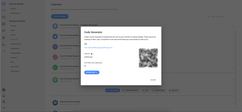 This is an image that describe how to scan qr code in line using respond.io. First click on Settings, then click your line channel and scan code. Enter your lline id and click download. Now you line login web qr code will be downloaded to your device.