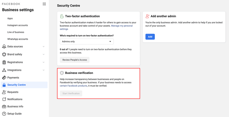 This is a picture showing how to Verify WhatsApp Business Account on Twilio. First, you need to Verify your Facebook Business Manager account. Go to Business Settings on your Facebook Business Manager and click Security Center.