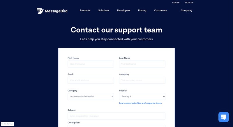 This is a picture MessageBird contact form. Once you’ve set the pin, contact MessageBird support team