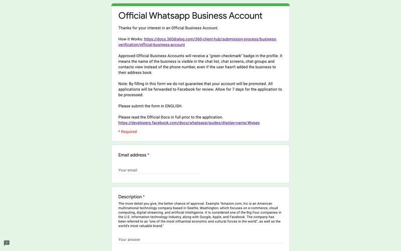 This is an image of the Application Form for Whatsapp Official Business Account. To verify WhatsApp business account on 360dialog, simply fill up this form. Learn more about how to get whatsapp official business account on our blog post.