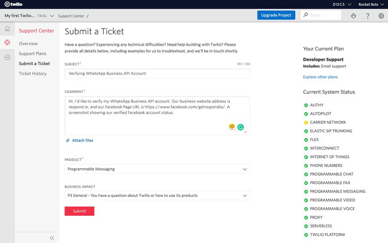 This is a picture showing how to Verify WhatsApp Business Account on Twilio. Once your Facebook Business Manager account is verified, open a support ticket on Twilio. Check out our blog to learn how to get whatsapp official business account
