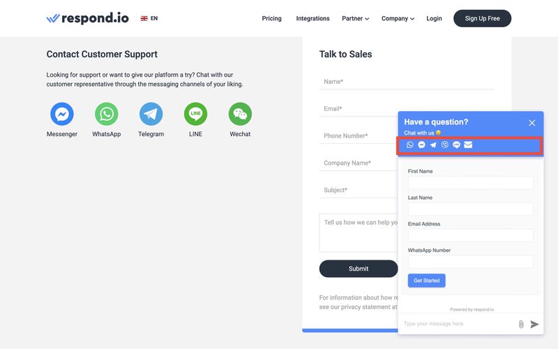 This is a screenshot of the Respond.io omnichannel webchat widget. It offers website visitors the option to contact your business through WhatsApp webchat or live chat. You can even add more Channels such as Facebook Messenger or Telegram to the widget.
