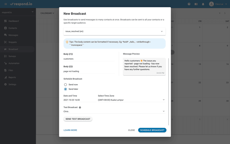 This is a picture on how to send whatsapp message notification en masse. Wonder how do I send notifications on WhatsApp? Send the notification immediately, or schedule it for a later date. If you have international clients, be sure to choose the correct time zone.