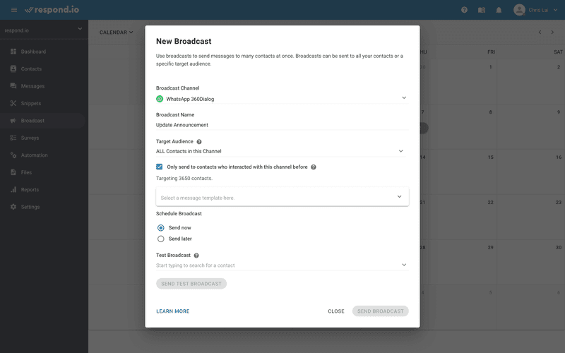 This is an image on how to send broadcast from respond.io. To start, navigate to Broadcast > Add New Broadcast. Select the Broadcast Channel. Fill in the Broadcast Name.