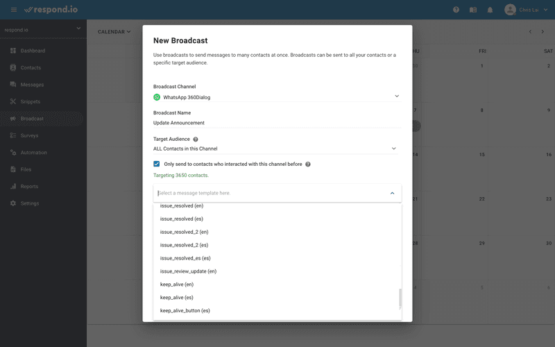This is an image on how to send Push Notification Whatsapp en masse. Select an approved Message Template and choose your target audience.