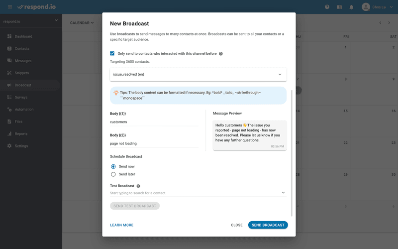 This is a picture on notifications through Broadcast. Fill in the Placeholders with text. Optionally, you can add Dynamic Variables.