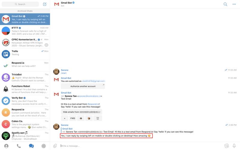 يمكنك السحب لليسار على الجوال أو النقر نقرا مزدوجا للرد باستخدام Gmail Bot على سطح المكتب.