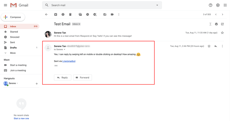 يمكنك أيضا عرض الرد نفسه من تيليجرام على Gmail.