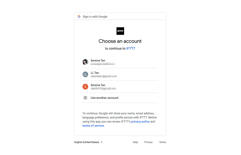 اختر حساب Google للاتصال ب IFTTT