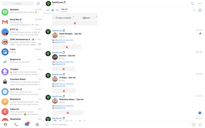 يمكنك تنزيل وتشغيل المسارات داخل Telegram باستخدام Spotify Bot بعد تنزيل المسارات.