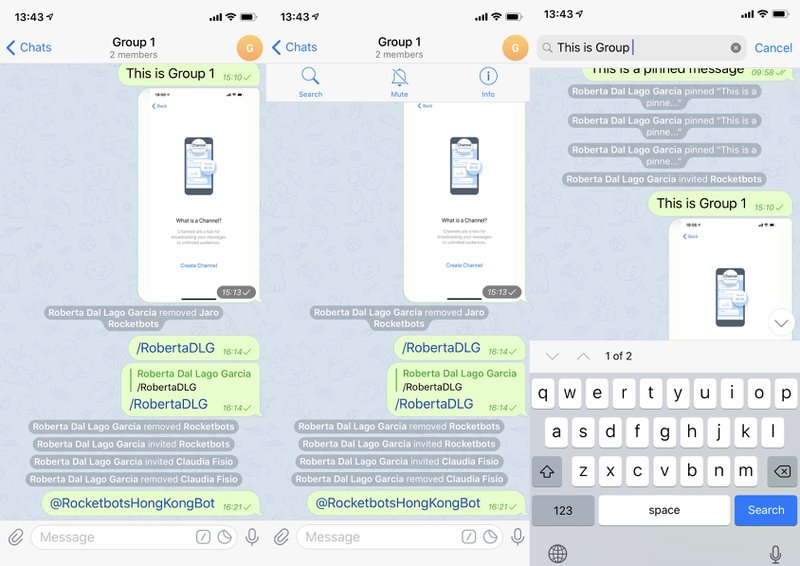 To search for a message click on the Telegram Group's name > click on the magnifying glass > enter the text you'd like to search for.
