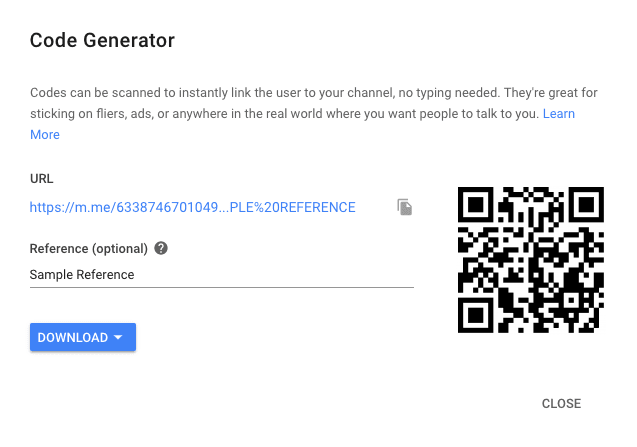 This is a picture showing respond.io Facebook Messenger Code Generator, Press download to get an image of the qr code facebook messenger. At this point, you can choose to add a reference or just create a standard Messenger QR Code without a reference.