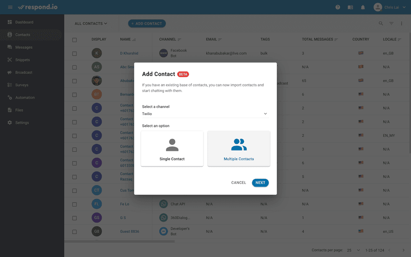 This is an image showing how to import multiple SMS contacts to SMS marketing software. Once connected your Twilio, Vonage or Messagebird account to respond.io, you can import SMS Contacts in bulk. Simply navigate to Contacts > Add Contacts, select a Channel and click Multiple Contacts. Check out our blog post on how to send bulk sms free from internet to mobile using a text messaging freeware.
