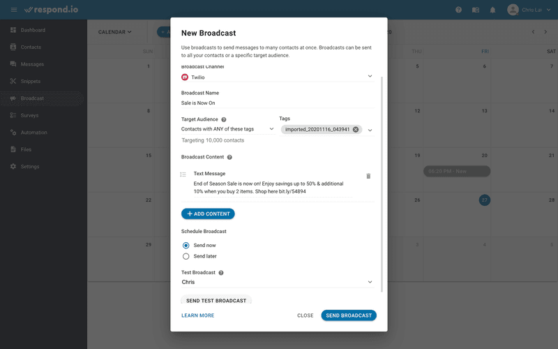 This is an image showing how to send SMS broadcast with SMS marketing software. First, Navigate to Broadcast > Add New Broadcast, then select the Broadcast Channel and fill in the required fields.