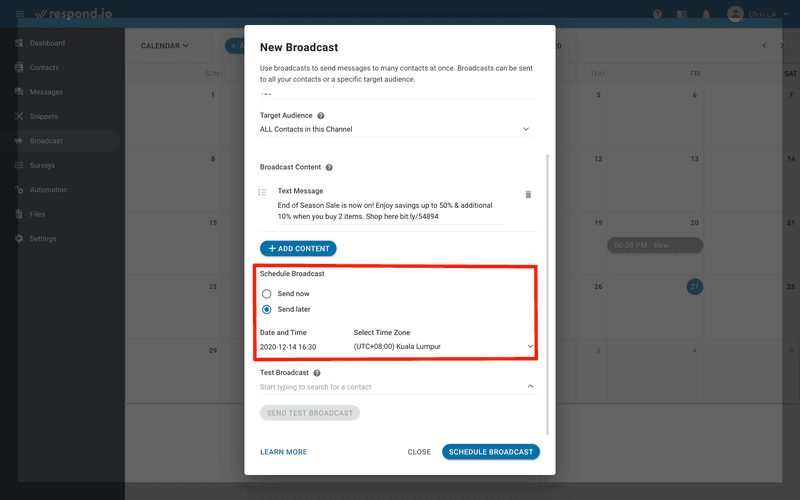This is an image showing the Schedule SMS Broadcast feature on respond.io. If there are events lined up in your calendar, you can schedule the SMS broadcast in advance. Set the date and time to send your SMS broadcast and make sure to select the correct time zone. Learn more about mass text messaging and SMS marketing on our blog.